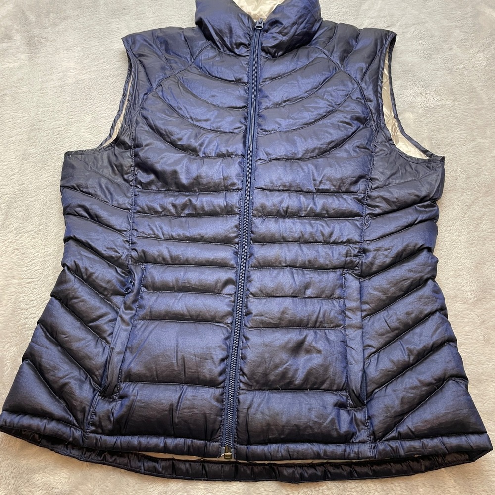 Bernardo Womens Quilted Puffer Vest Jacket Size S Navy Blue Goose Down Full Zip